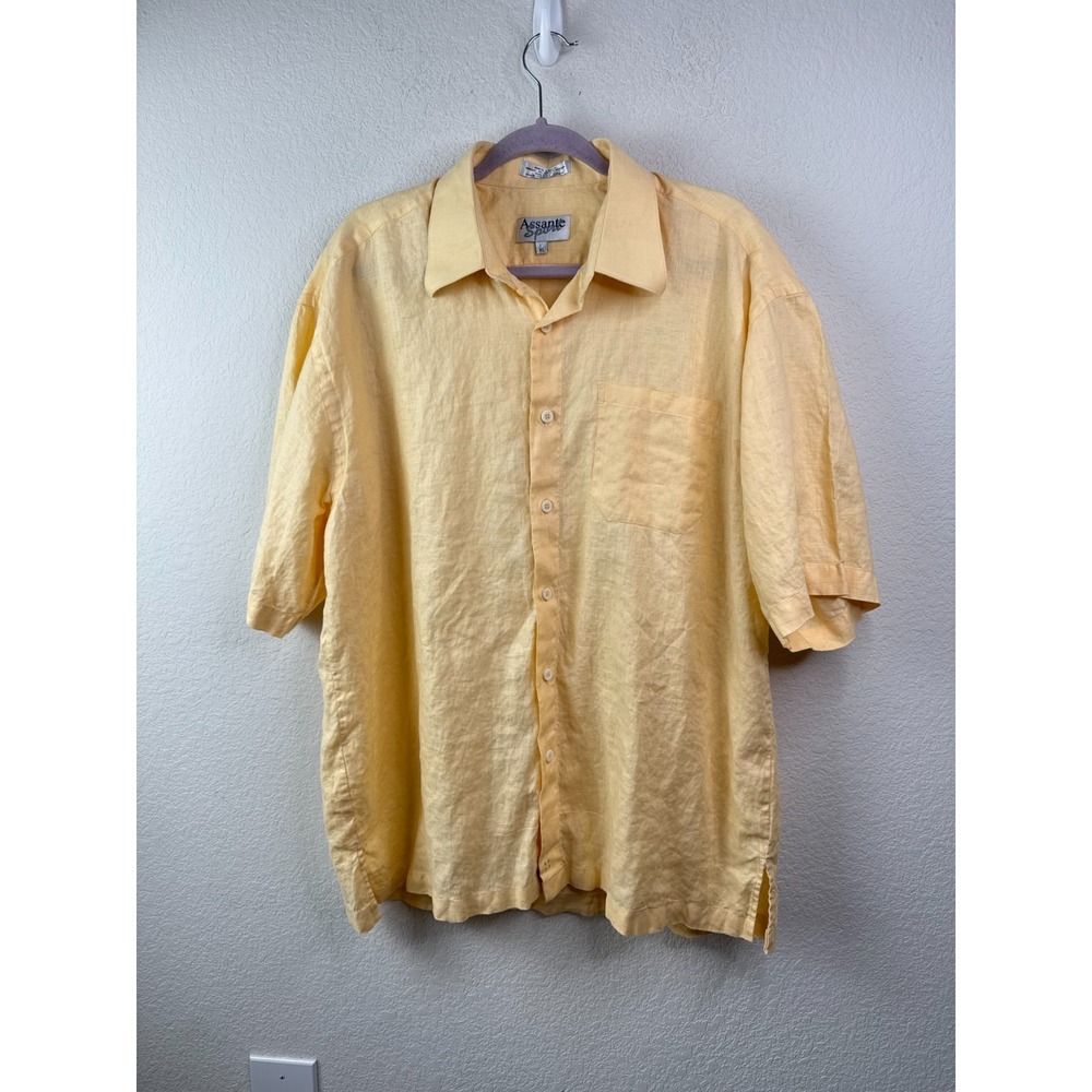 Assante Sport 100% Linen Shirt Men's XL Yellow Short Sleeve Button Up Resort